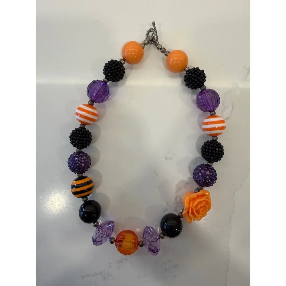 Halloween‎ Chunky Bubblegum Necklace Kids Orange Purple Black Rose Bead 18 Inch